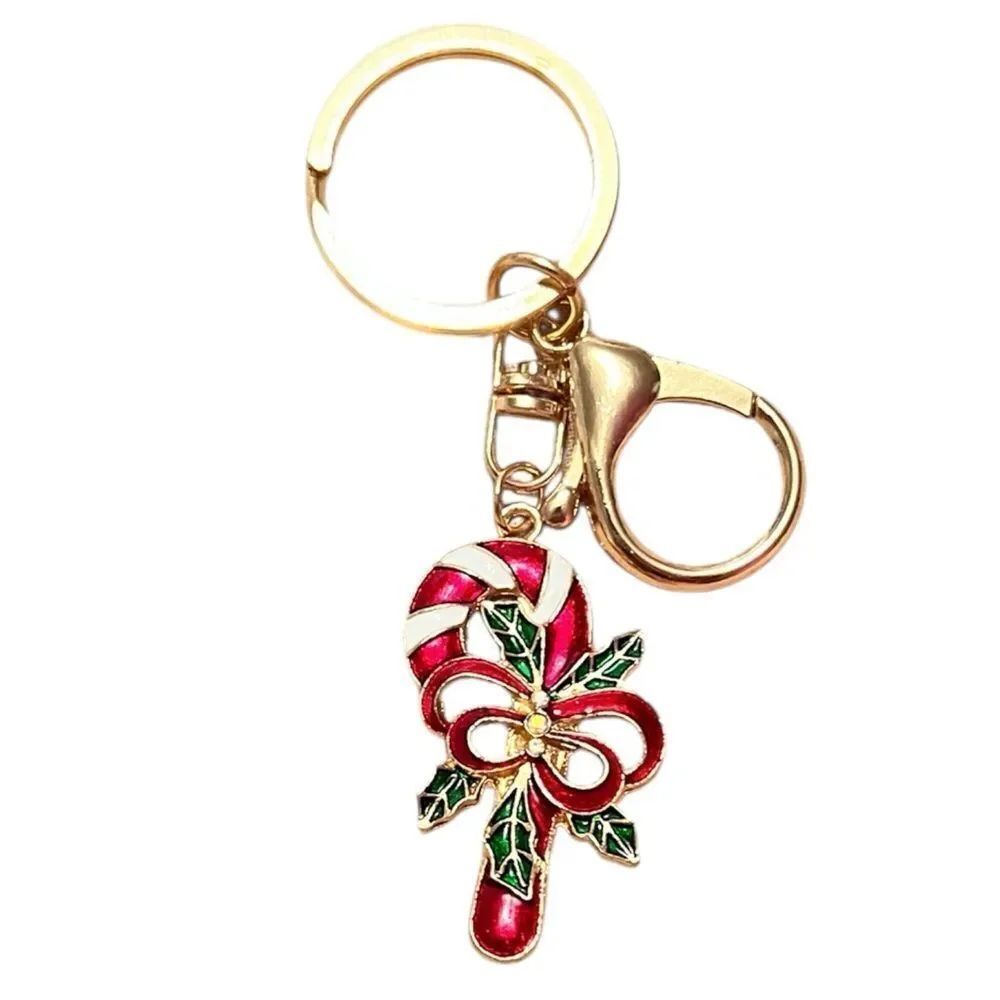 Red And White Candy Cane Gold Tone Keychain